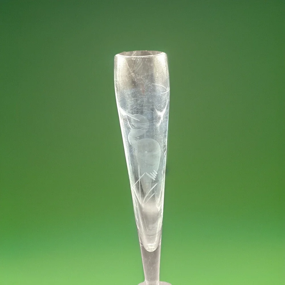 Vintage Clear Glass Bud Vase w/ Egret Bird Etching‎ Floral Vase Decorative